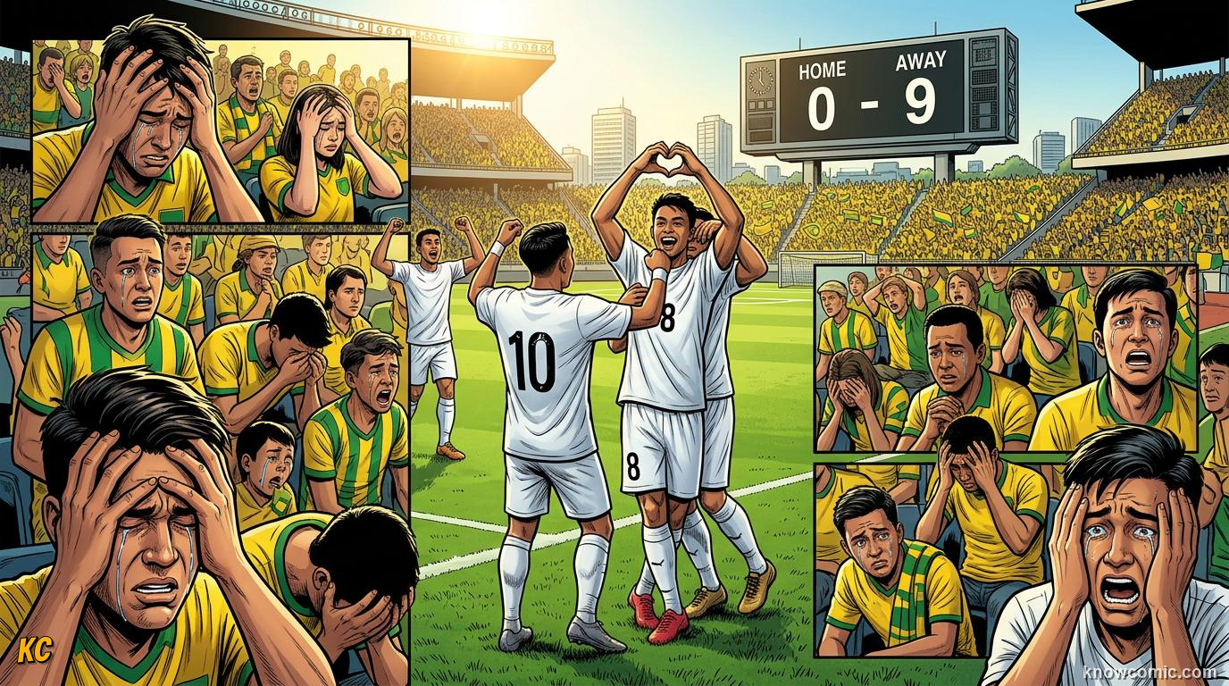 Comic panel titled germany 7, brazil 1, labelled brazil 2014, from the KnowComic World Cup 2026 lesson on famous finals & epic upsets