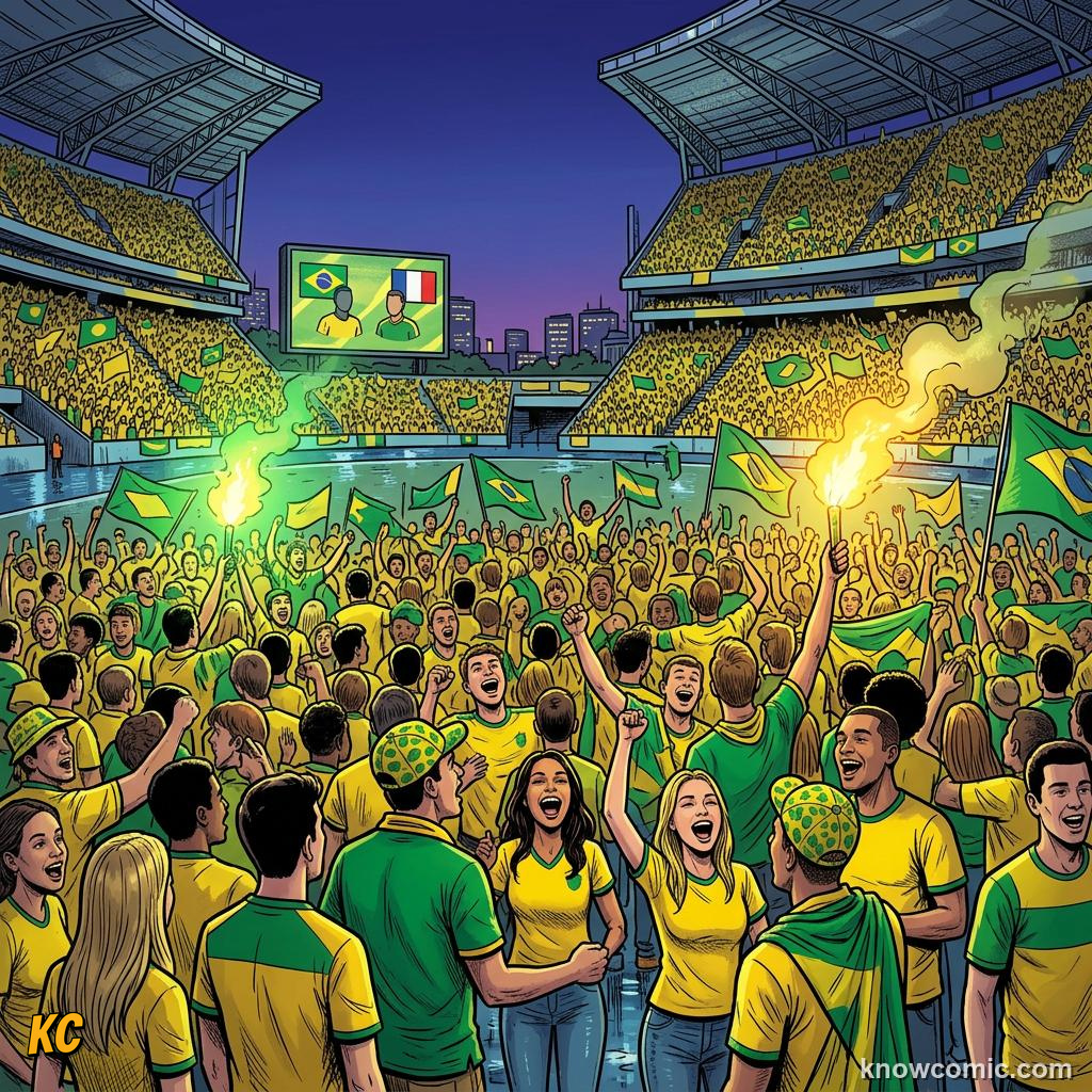 Comic panel titled germany 7, brazil 1, labelled the hosts' dream, from the KnowComic World Cup 2026 lesson on famous finals & epic upsets