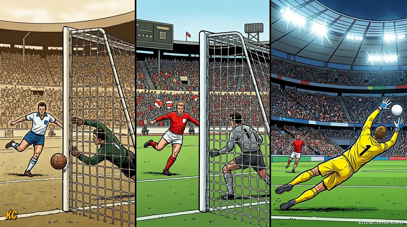 Comic panel titled drama that never fades, labelled finals to remember, from the KnowComic World Cup 2026 lesson on famous finals & epic upsets