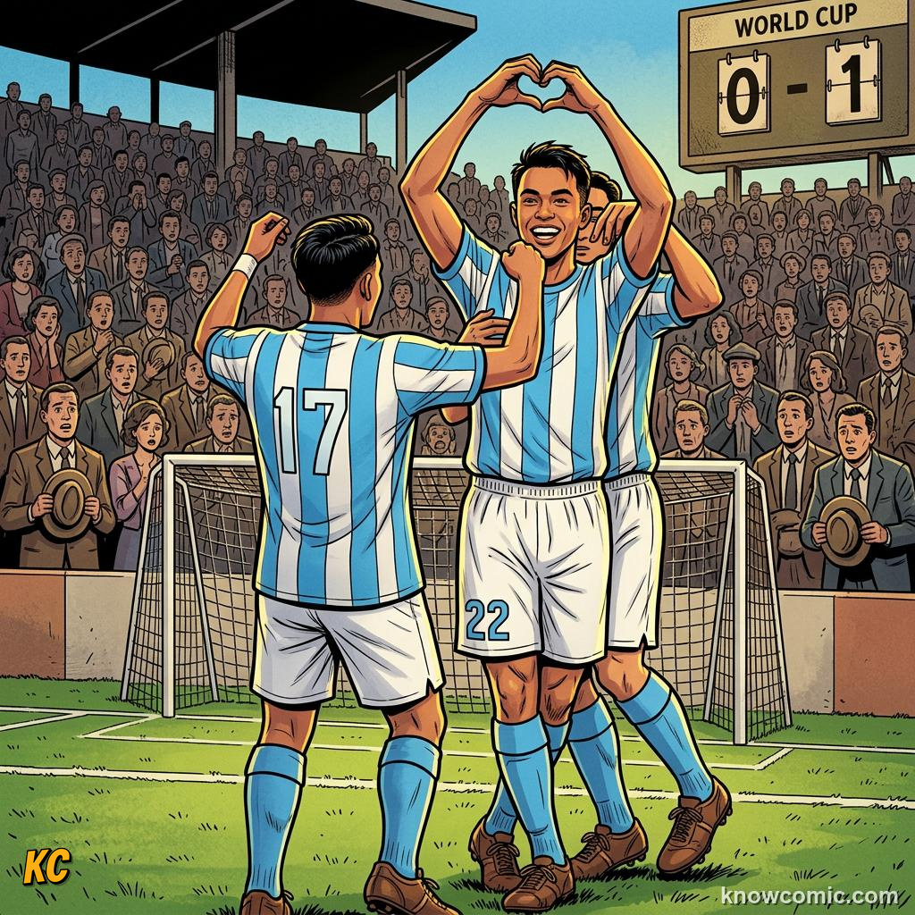 Comic panel titled no lead is ever safe, labelled maracanazo 1950, from the KnowComic World Cup 2026 lesson on famous finals & epic upsets