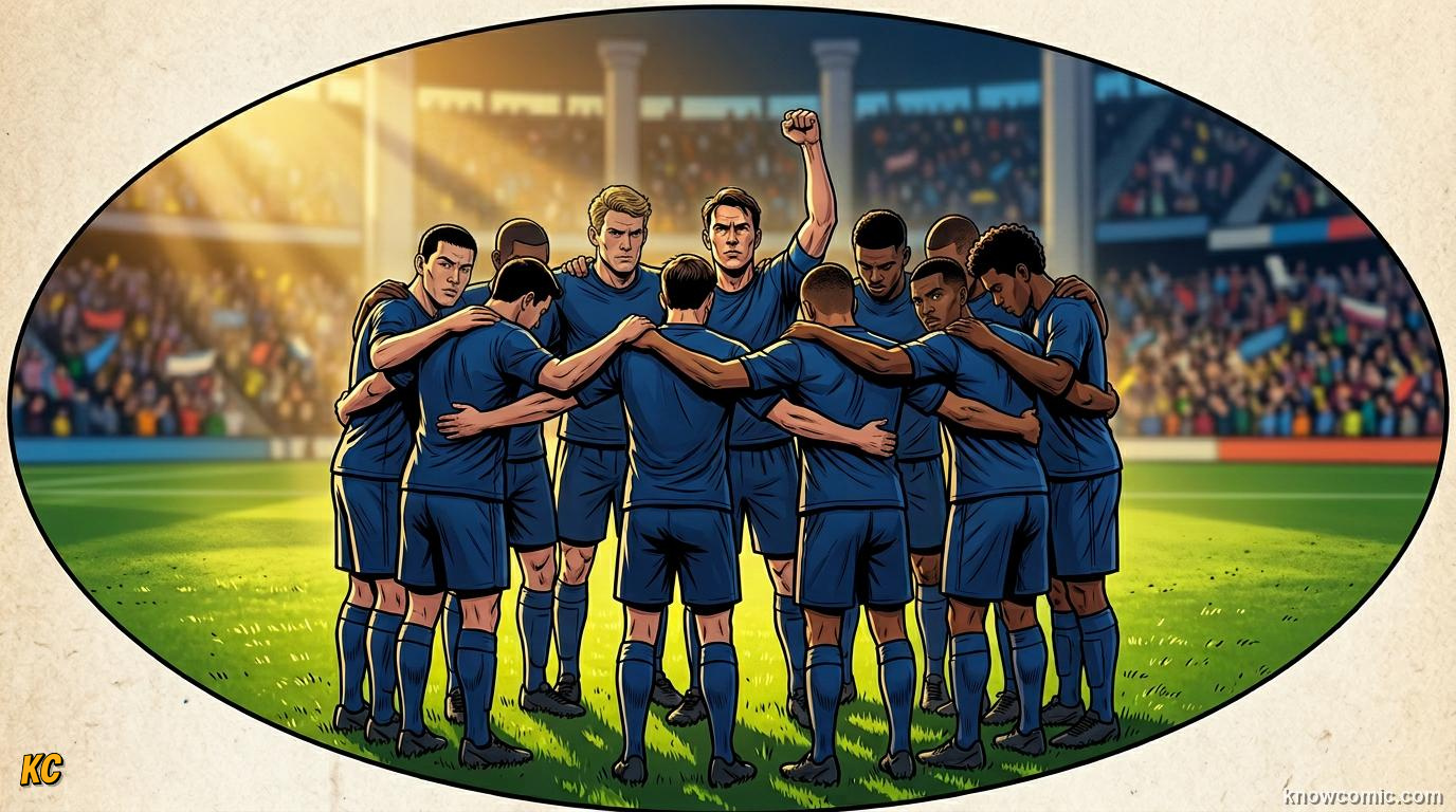 Comic panel titled no lead is ever safe, labelled the lesson, from the KnowComic World Cup 2026 lesson on famous finals & epic upsets