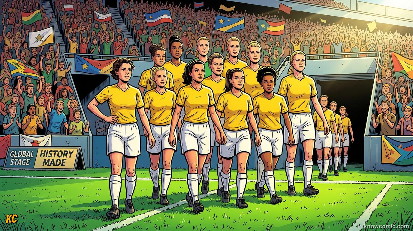 Comic panel titled a sport built by legends, labelled the women who changed football, from the KnowComic World Cup 2026 lesson on women legends: marta & more