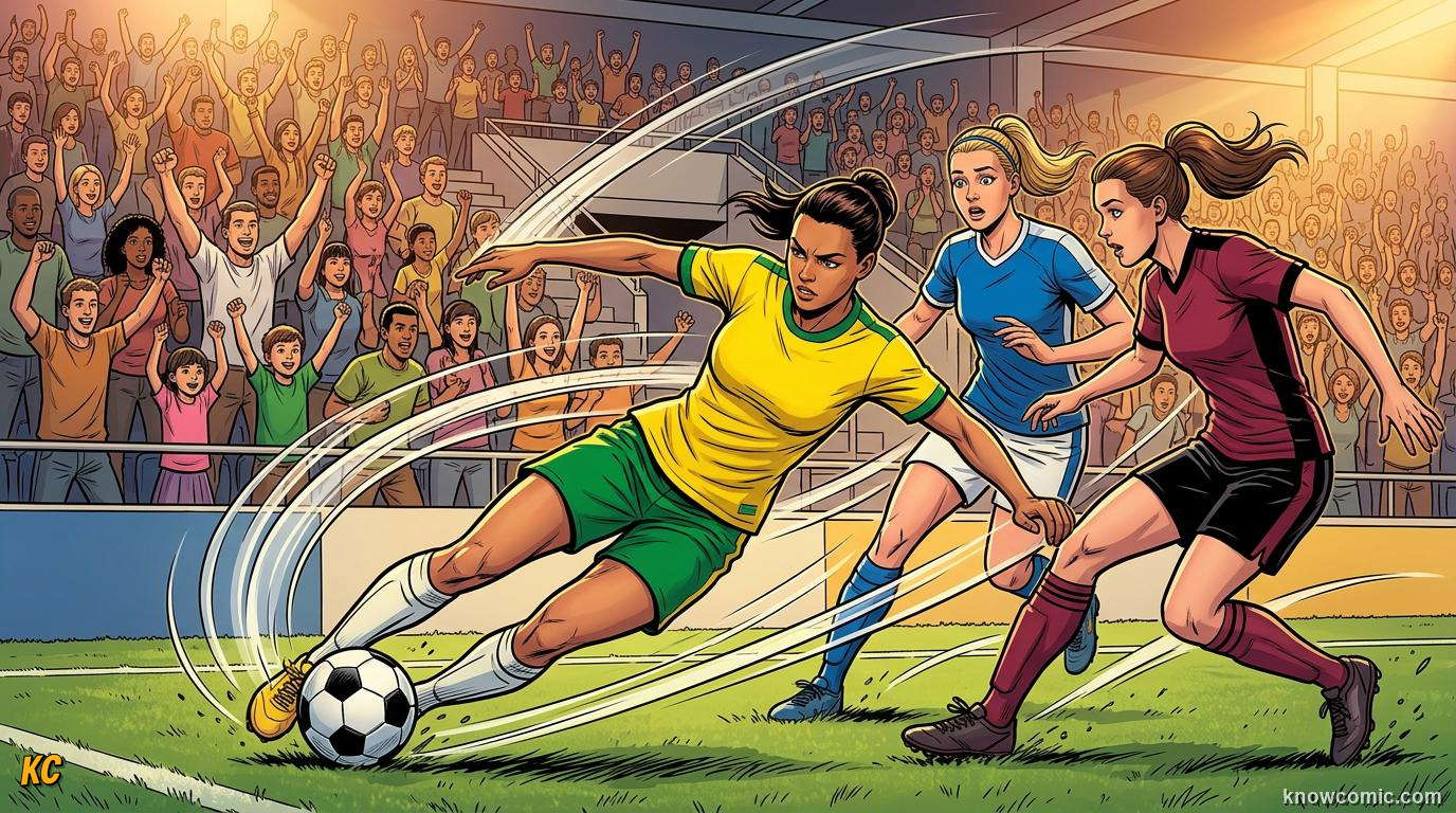 Comic panel titled marta six world cups, zero fear, labelled brazil's queen of football, from the KnowComic World Cup 2026 lesson on women legends: marta & more