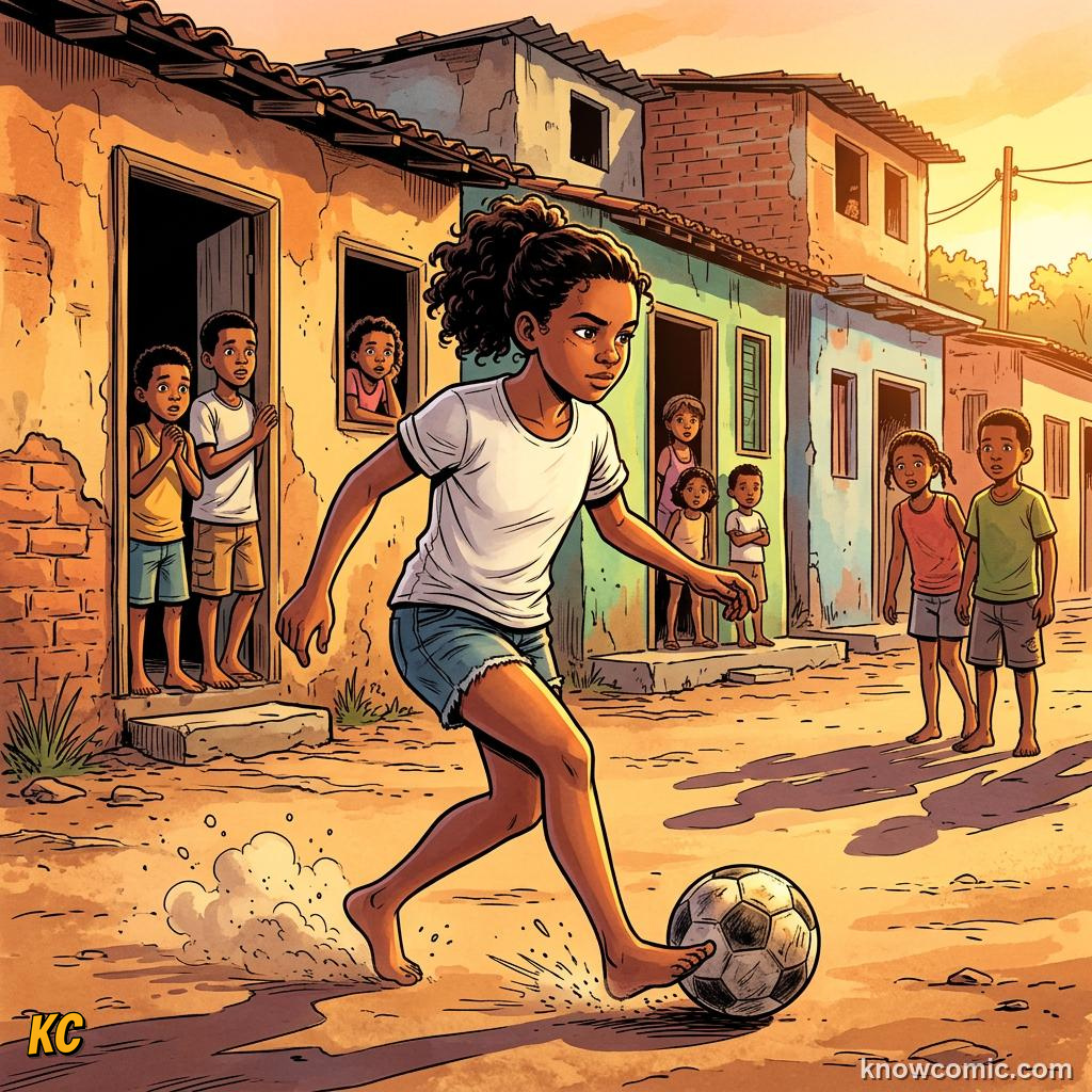 Comic panel titled the moment that changed everything, labelled her roots, from the KnowComic World Cup 2026 lesson on women legends: marta & more