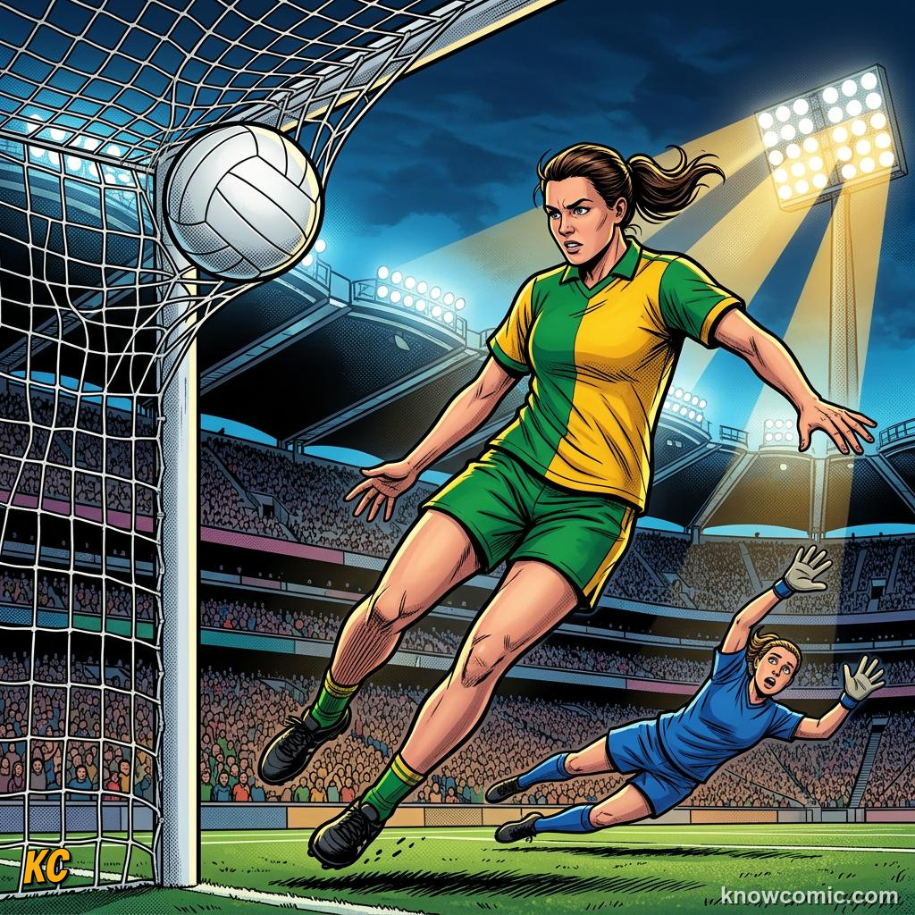 Comic panel titled the moment that changed everything, labelled her records, from the KnowComic World Cup 2026 lesson on women legends: marta & more