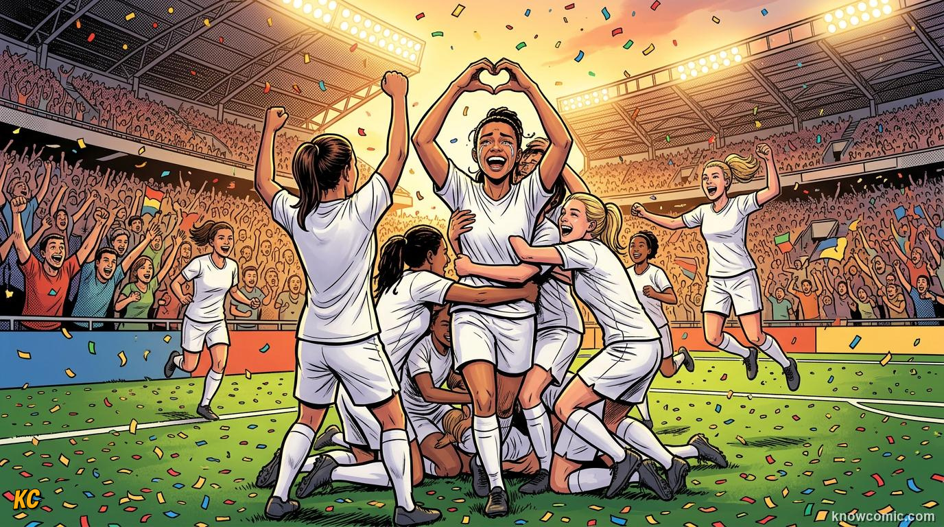 Comic panel titled the moment that changed everything, labelled usa 1999, from the KnowComic World Cup 2026 lesson on women legends: marta & more