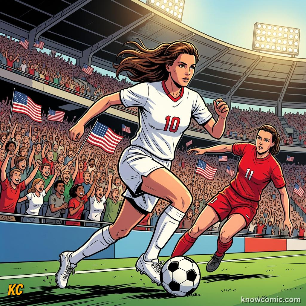 Comic panel titled the moment that changed everything, labelled mia hamm, from the KnowComic World Cup 2026 lesson on women legends: marta & more