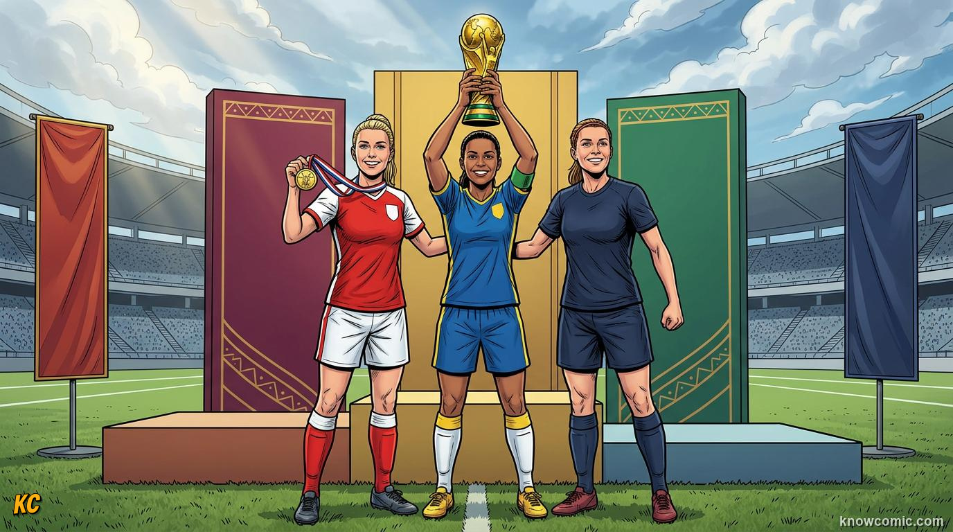 Comic panel titled champions from every corner of the world, labelled records that inspire, from the KnowComic World Cup 2026 lesson on women legends: marta & more