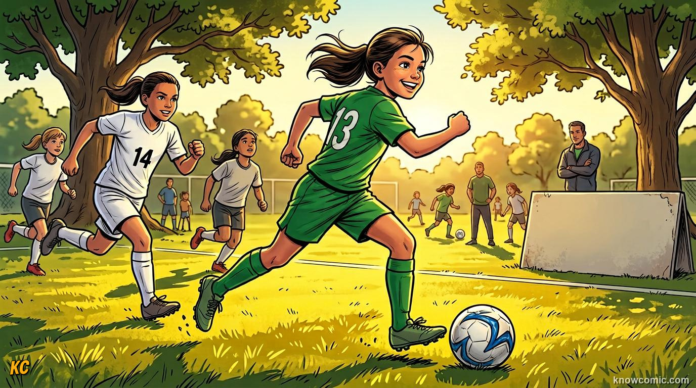 Comic panel titled every girl has the right to play, labelled the legacy, from the KnowComic World Cup 2026 lesson on women legends: marta & more
