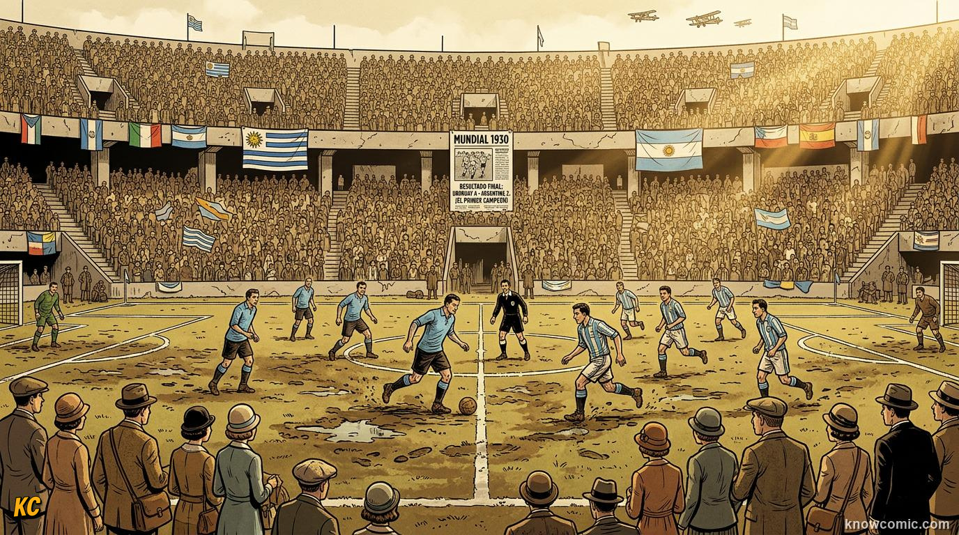 Comic panel titled the tournament that started everything, labelled uruguay 1930, from the KnowComic World Cup 2026 lesson on world cup history: 1930 to today