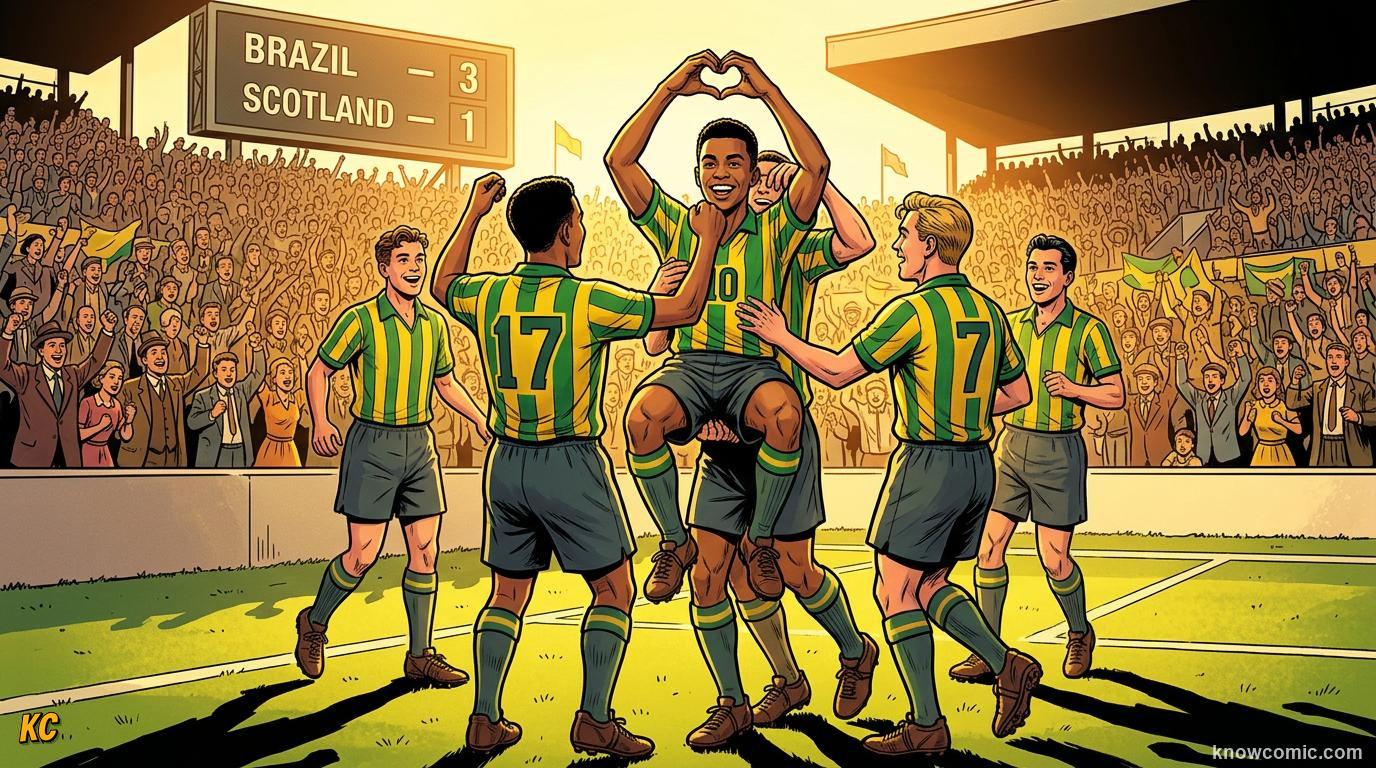 Comic panel titled pele and the beautiful game, labelled 1950 to 1970, from the KnowComic World Cup 2026 lesson on world cup history: 1930 to today