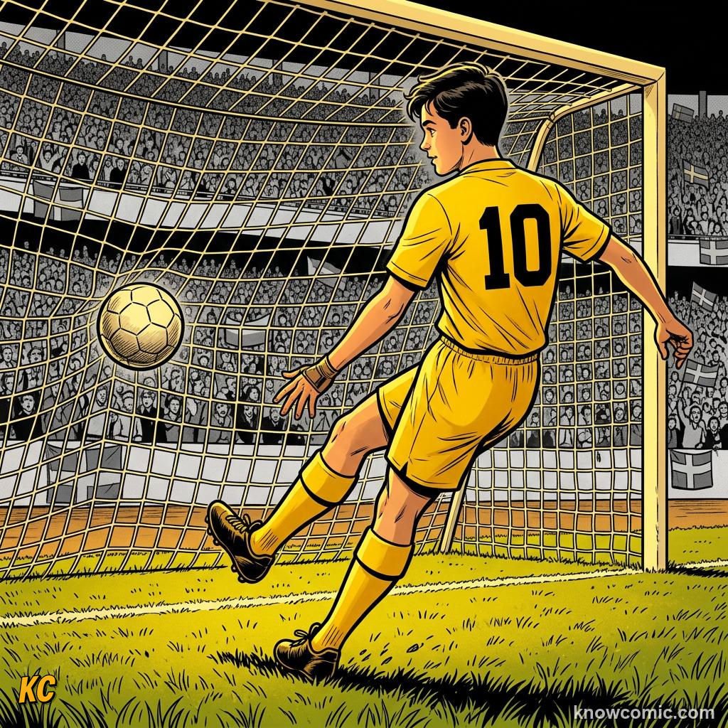 Comic panel titled football goes truly global, labelled pele 1958, from the KnowComic World Cup 2026 lesson on world cup history: 1930 to today