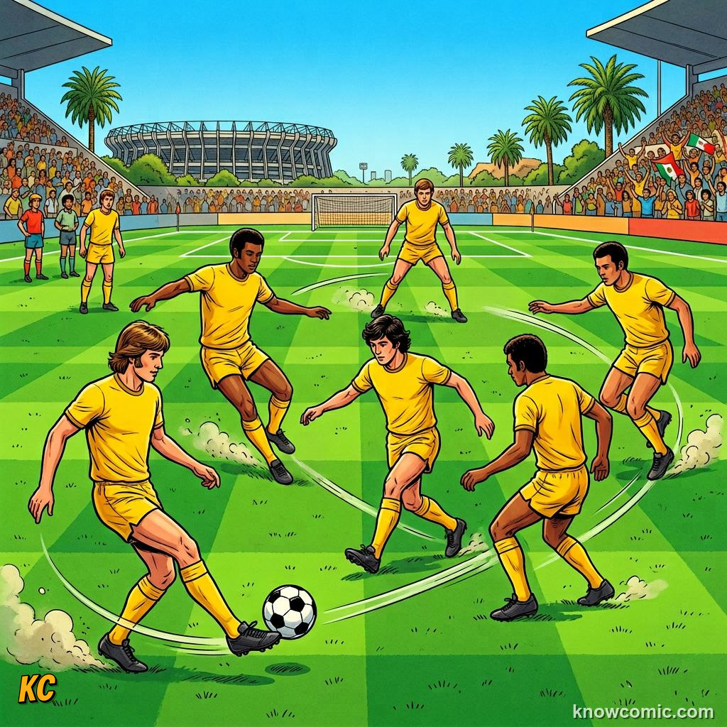 Comic panel titled football goes truly global, labelled brazil 1970, from the KnowComic World Cup 2026 lesson on world cup history: 1930 to today