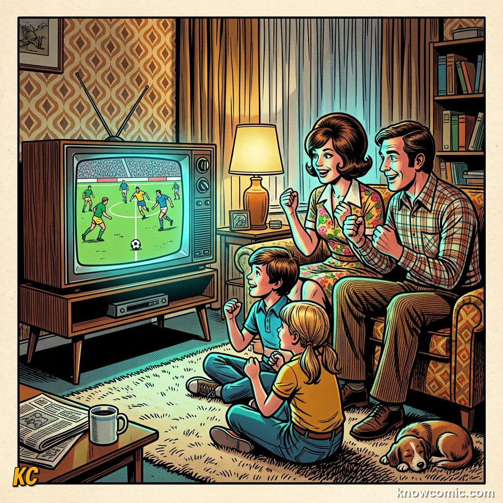Comic panel titled football goes truly global, labelled tv changes it, from the KnowComic World Cup 2026 lesson on world cup history: 1930 to today