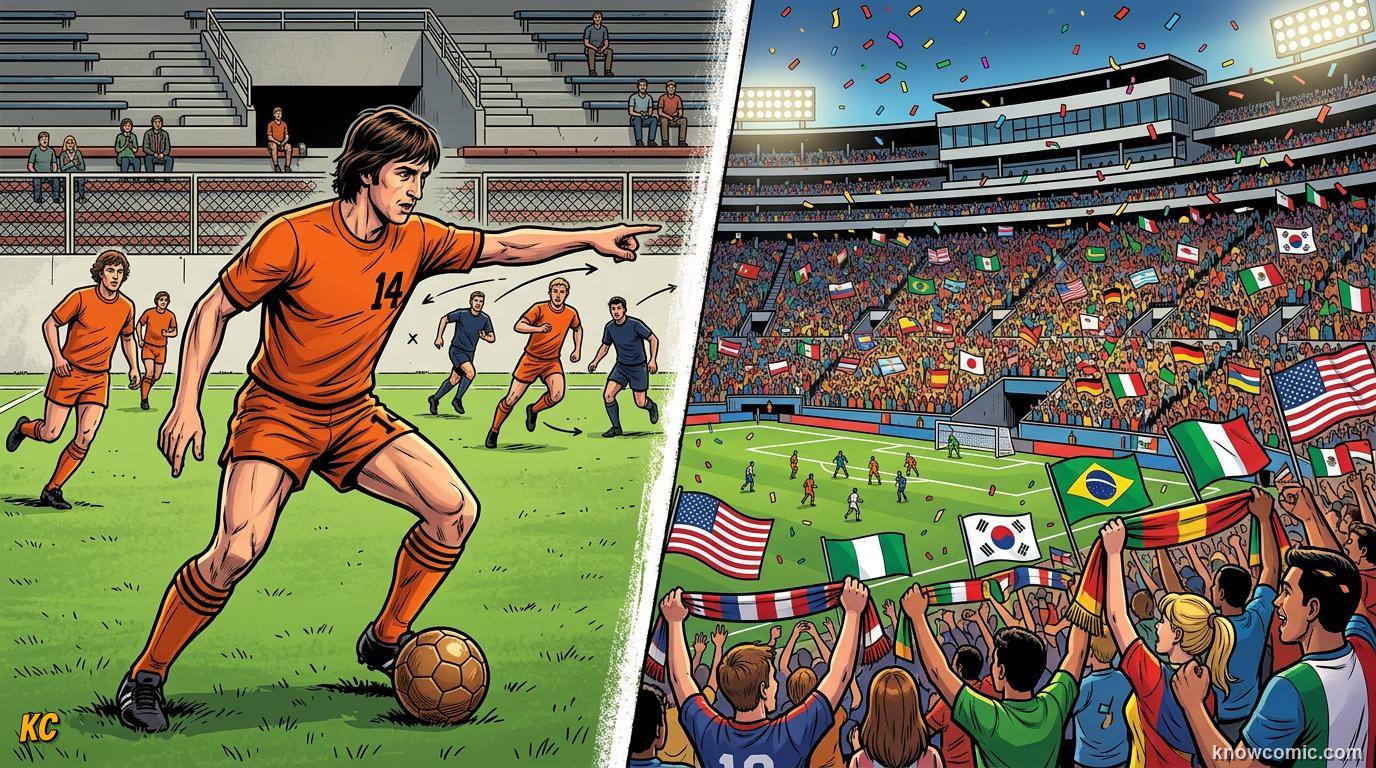 Comic panel titled football goes truly global, labelled 19741994, from the KnowComic World Cup 2026 lesson on world cup history: 1930 to today