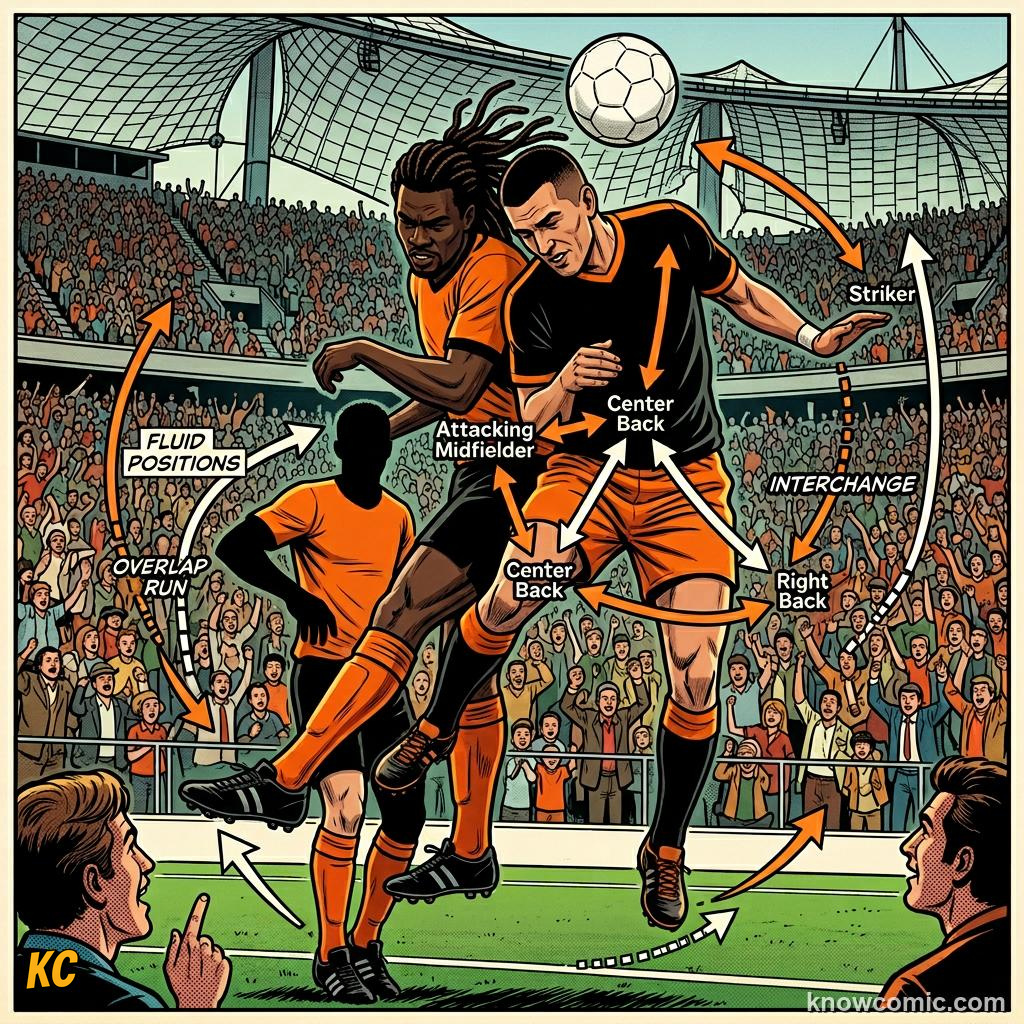 Comic panel titled football goes truly global, labelled 1974 total football, from the KnowComic World Cup 2026 lesson on world cup history: 1930 to today