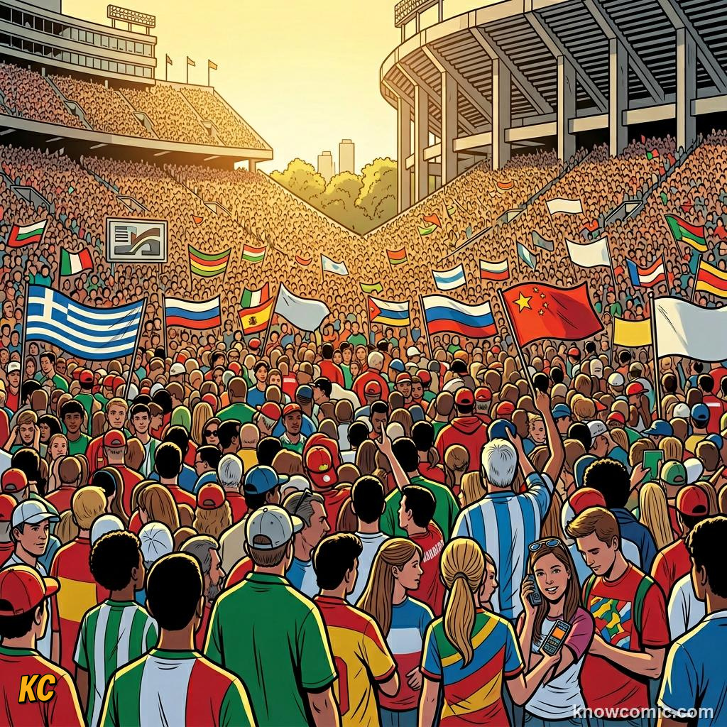Comic panel titled football goes truly global, labelled usa 1994, from the KnowComic World Cup 2026 lesson on world cup history: 1930 to today