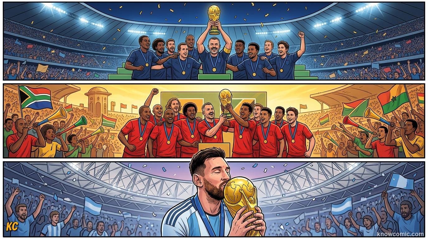 Comic panel titled twenty-four years of rising drama, labelled 1998 to today, from the KnowComic World Cup 2026 lesson on world cup history: 1930 to today