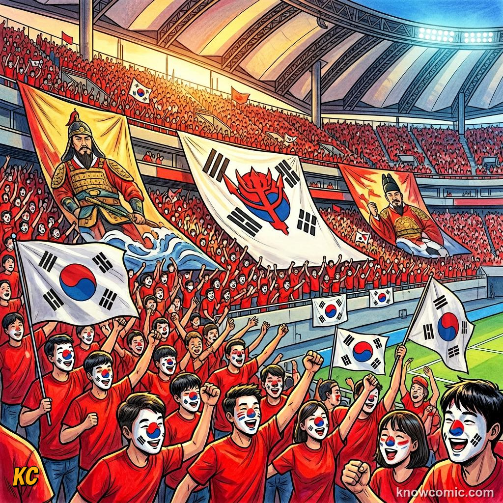 Comic panel titled the next chapter is being written now, labelled 2002 asia, from the KnowComic World Cup 2026 lesson on world cup history: 1930 to today