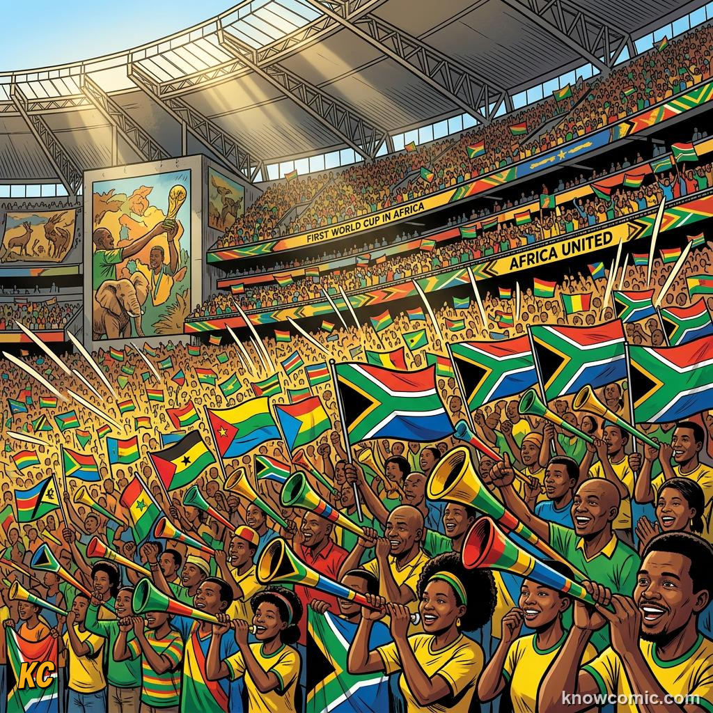 Comic panel titled the next chapter is being written now, labelled 2010 africa, from the KnowComic World Cup 2026 lesson on world cup history: 1930 to today