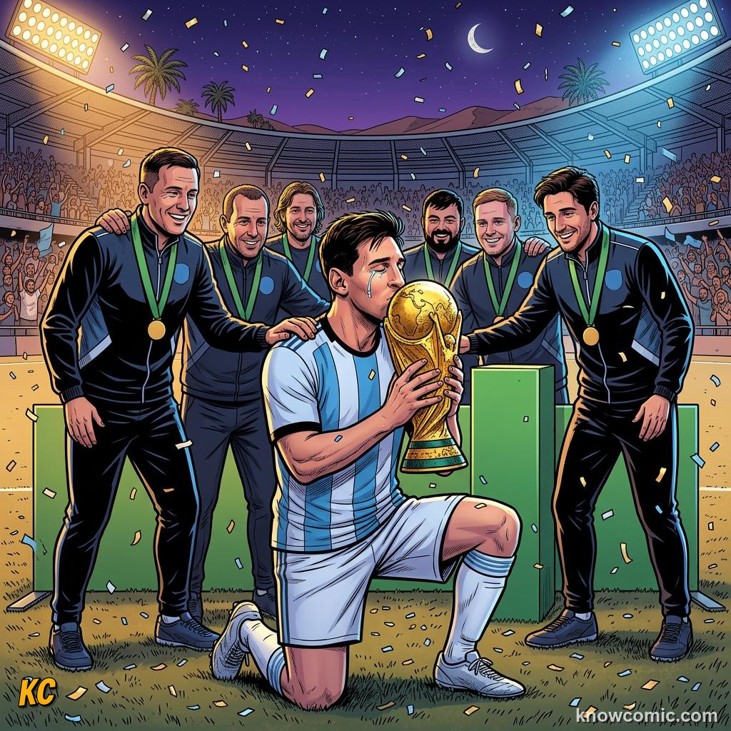 Comic panel titled the next chapter is being written now, labelled 2022 qatar, from the KnowComic World Cup 2026 lesson on world cup history: 1930 to today