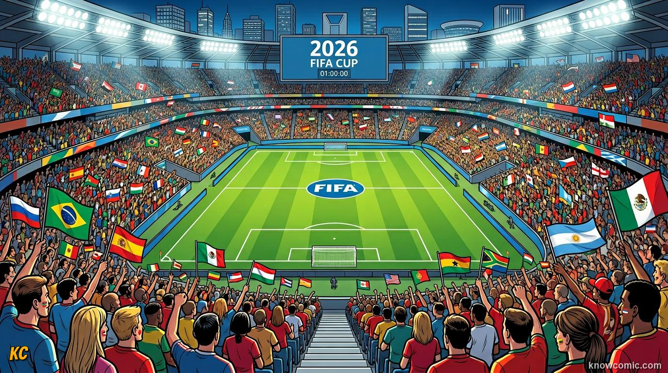 Comic panel titled the next chapter is being written now, labelled 2026 and beyond, from the KnowComic World Cup 2026 lesson on world cup history: 1930 to today