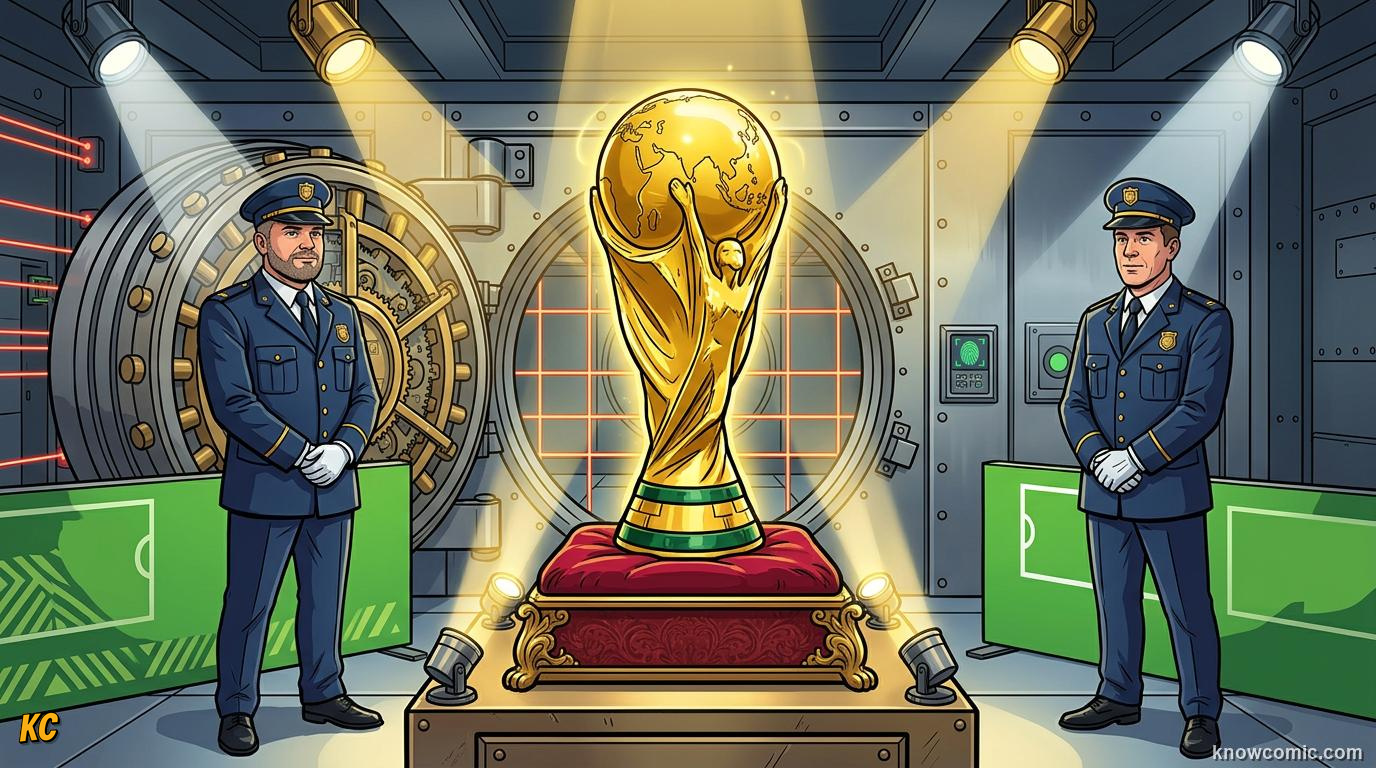 Comic panel titled eighteen carats of pure glory, labelled the prize above all prizes, from the KnowComic World Cup 2026 lesson on the trophy: gold, theft & glory
