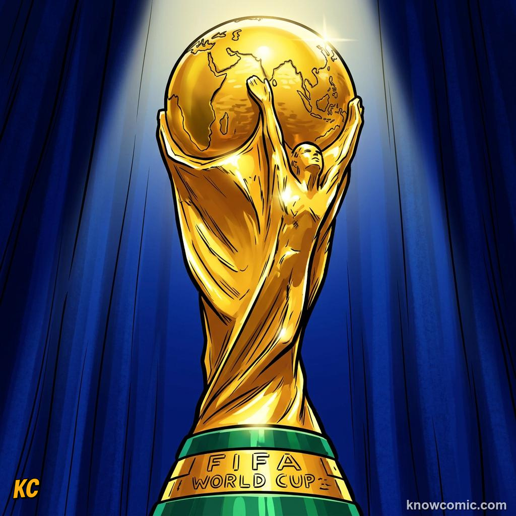 Comic panel titled the trophy that started it all, labelled the specs, from the KnowComic World Cup 2026 lesson on the trophy: gold, theft & glory