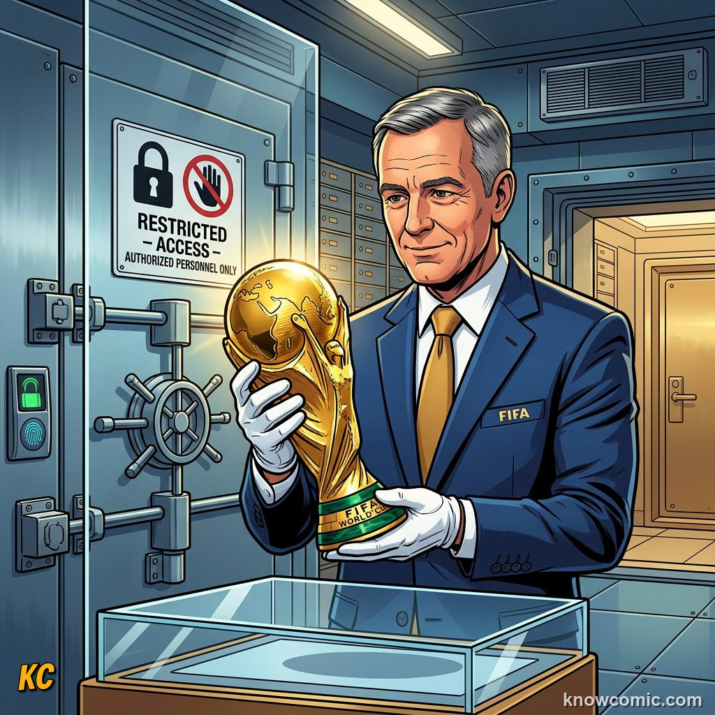 Comic panel titled the trophy that started it all, labelled who can touch it, from the KnowComic World Cup 2026 lesson on the trophy: gold, theft & glory