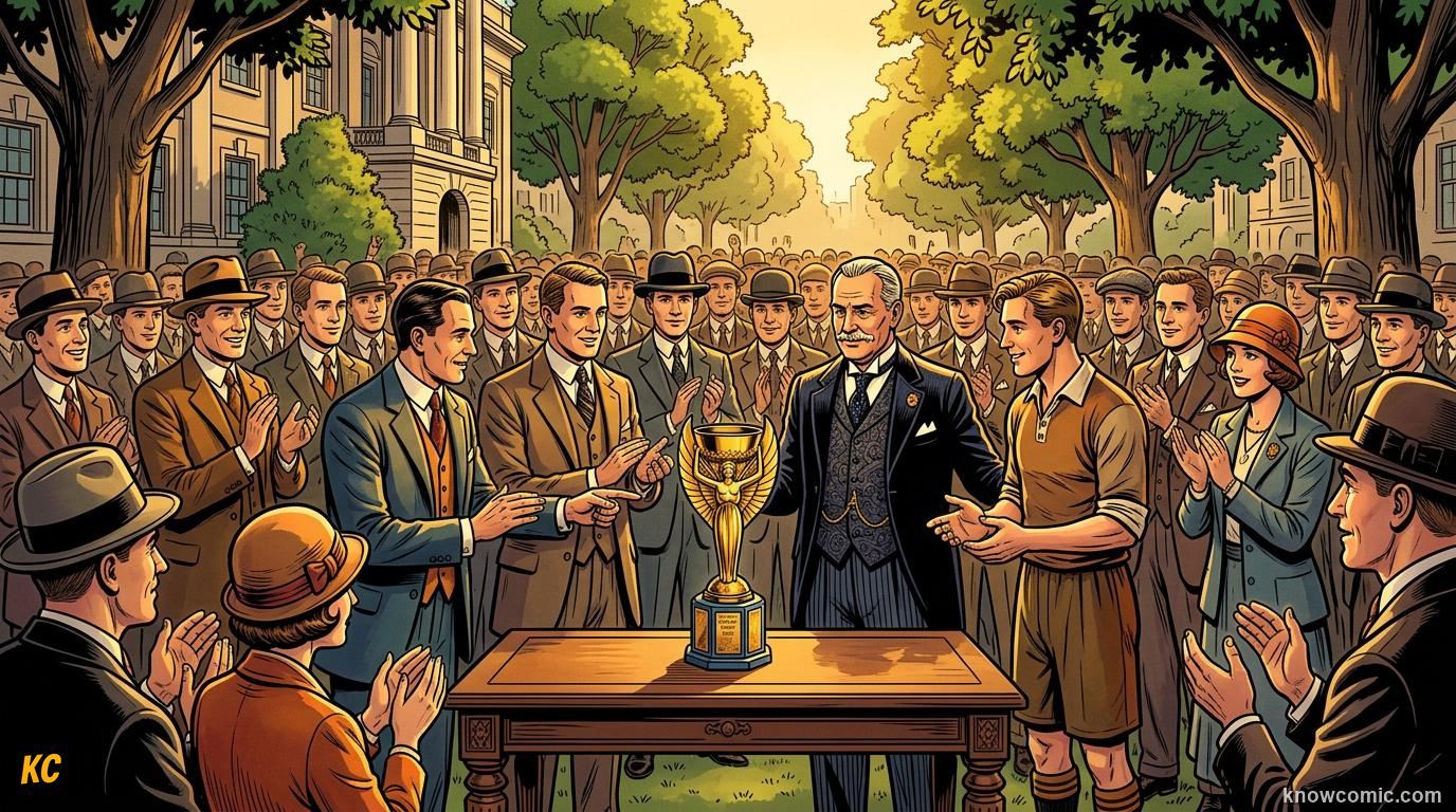 Comic panel titled the trophy that started it all, labelled the original cup, from the KnowComic World Cup 2026 lesson on the trophy: gold, theft & glory