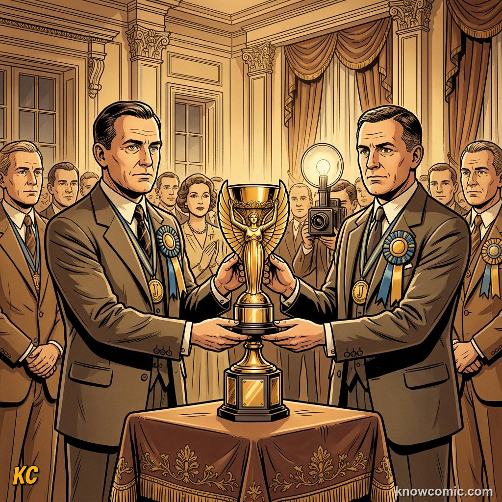 Comic panel titled the dog who saved the world cup, labelled the design, from the KnowComic World Cup 2026 lesson on the trophy: gold, theft & glory