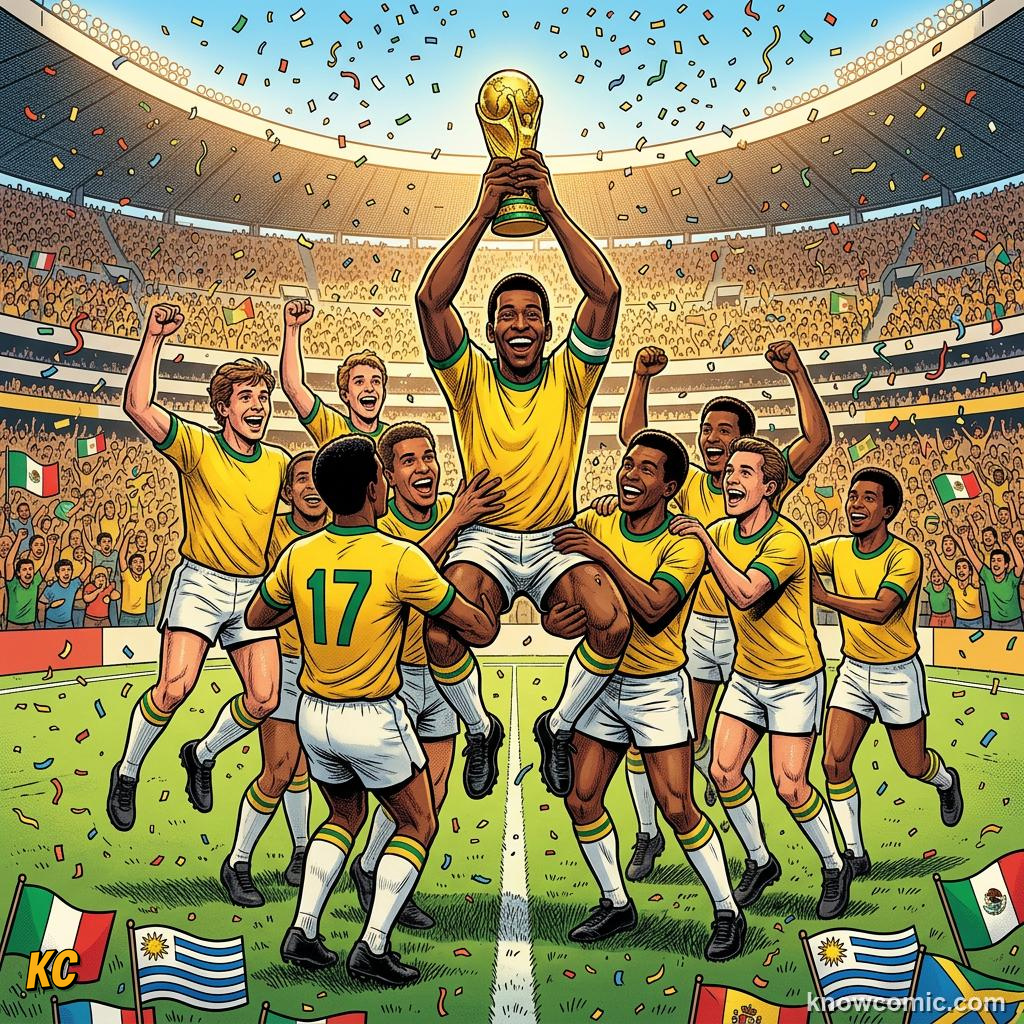 Comic panel titled the dog who saved the world cup, labelled brazil wins it, from the KnowComic World Cup 2026 lesson on the trophy: gold, theft & glory