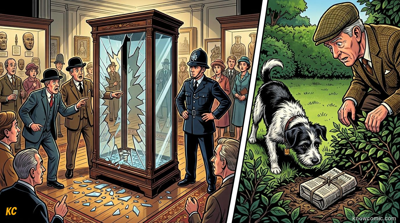 Comic panel titled the dog who saved the world cup, labelled england 1966, from the KnowComic World Cup 2026 lesson on the trophy: gold, theft & glory