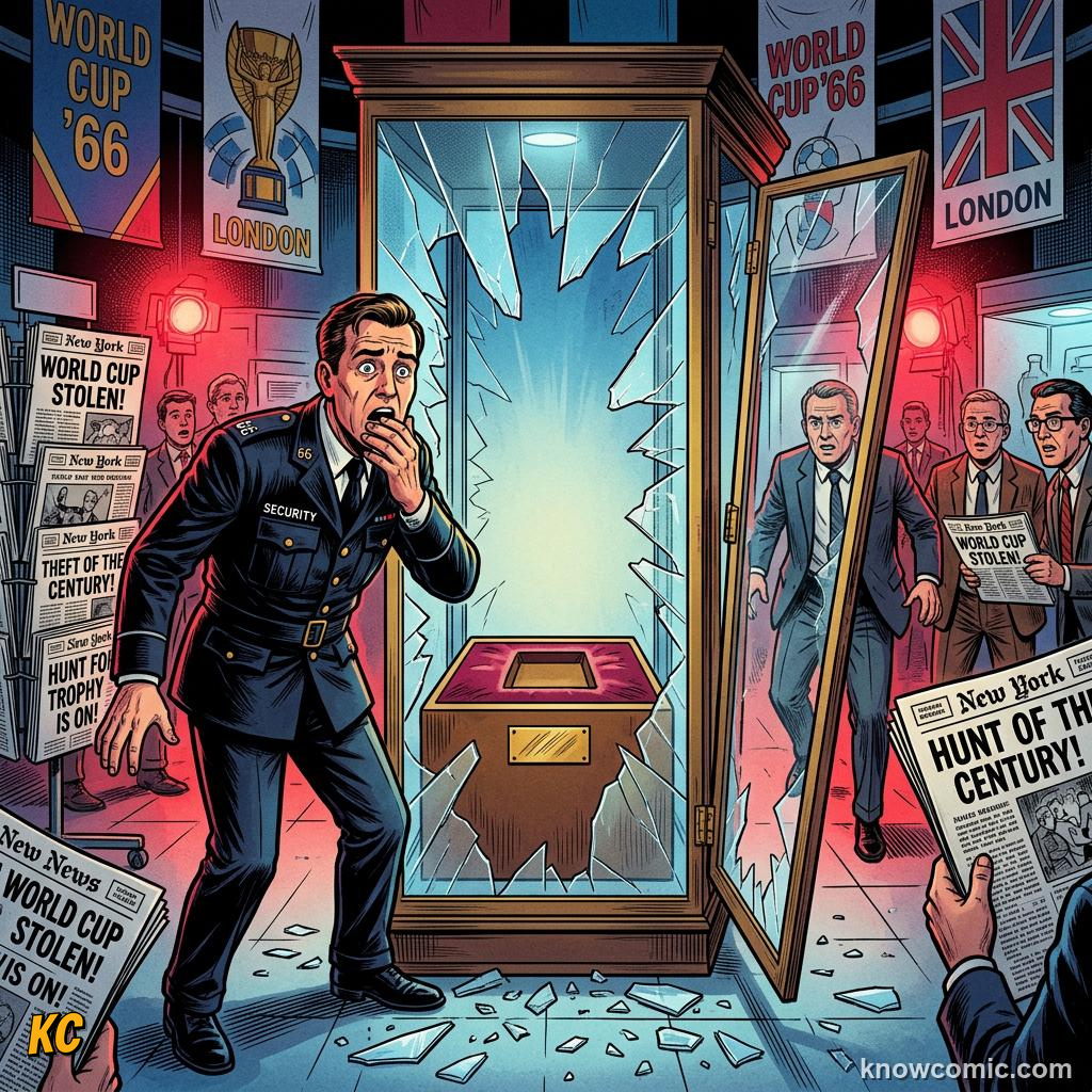 Comic panel titled the dog who saved the world cup, labelled the theft, from the KnowComic World Cup 2026 lesson on the trophy: gold, theft & glory