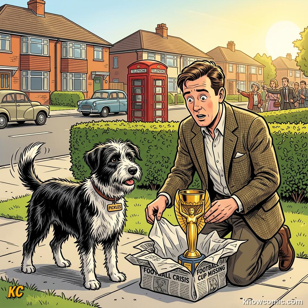 Comic panel titled the dog who saved the world cup, labelled pickles, from the KnowComic World Cup 2026 lesson on the trophy: gold, theft & glory