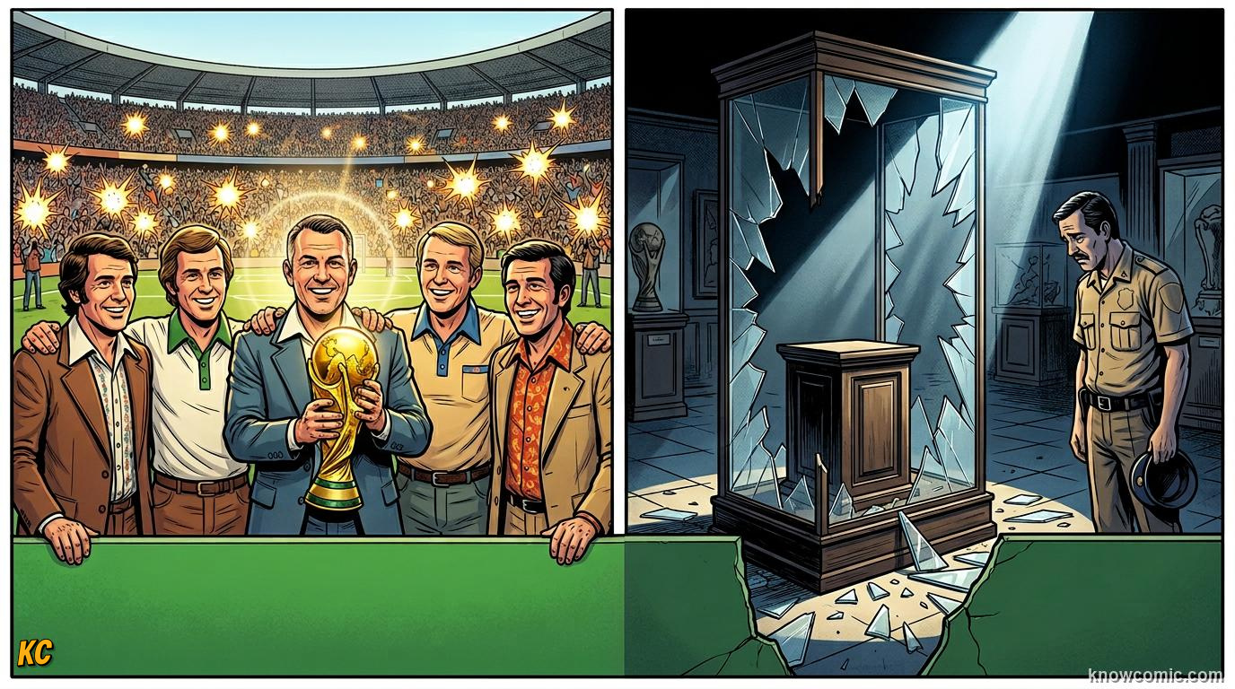 Comic panel titled the cup that vanished forever, labelled two trophies, two crimes, from the KnowComic World Cup 2026 lesson on the trophy: gold, theft & glory