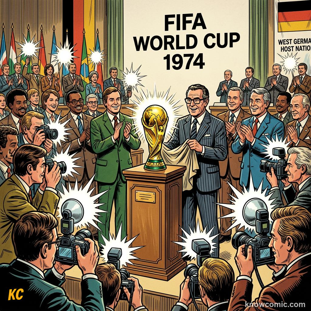 Comic panel titled more than just a piece of metal, labelled 1974 new design, from the KnowComic World Cup 2026 lesson on the trophy: gold, theft & glory
