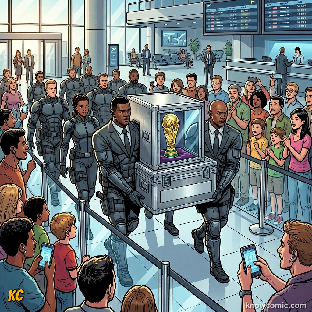 Comic panel titled more than just a piece of metal, labelled the vault, from the KnowComic World Cup 2026 lesson on the trophy: gold, theft & glory