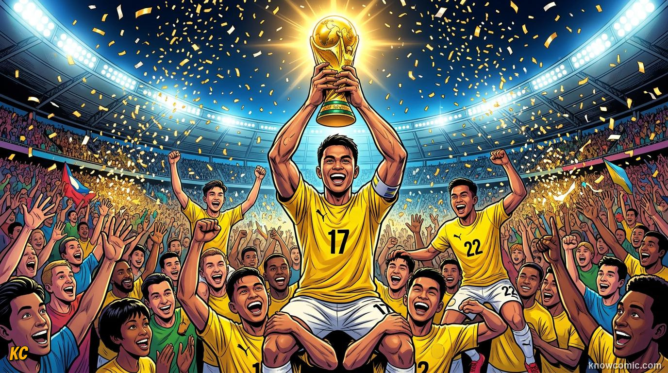 Comic panel titled more than just a piece of metal, labelled the meaning, from the KnowComic World Cup 2026 lesson on the trophy: gold, theft & glory