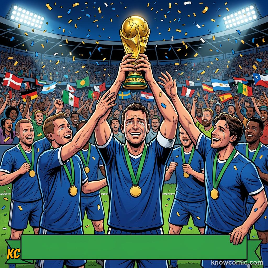 Comic panel labelled trophy facts, illustrating the trophy: gold, theft & glory in KnowComic's World Cup 2026 series