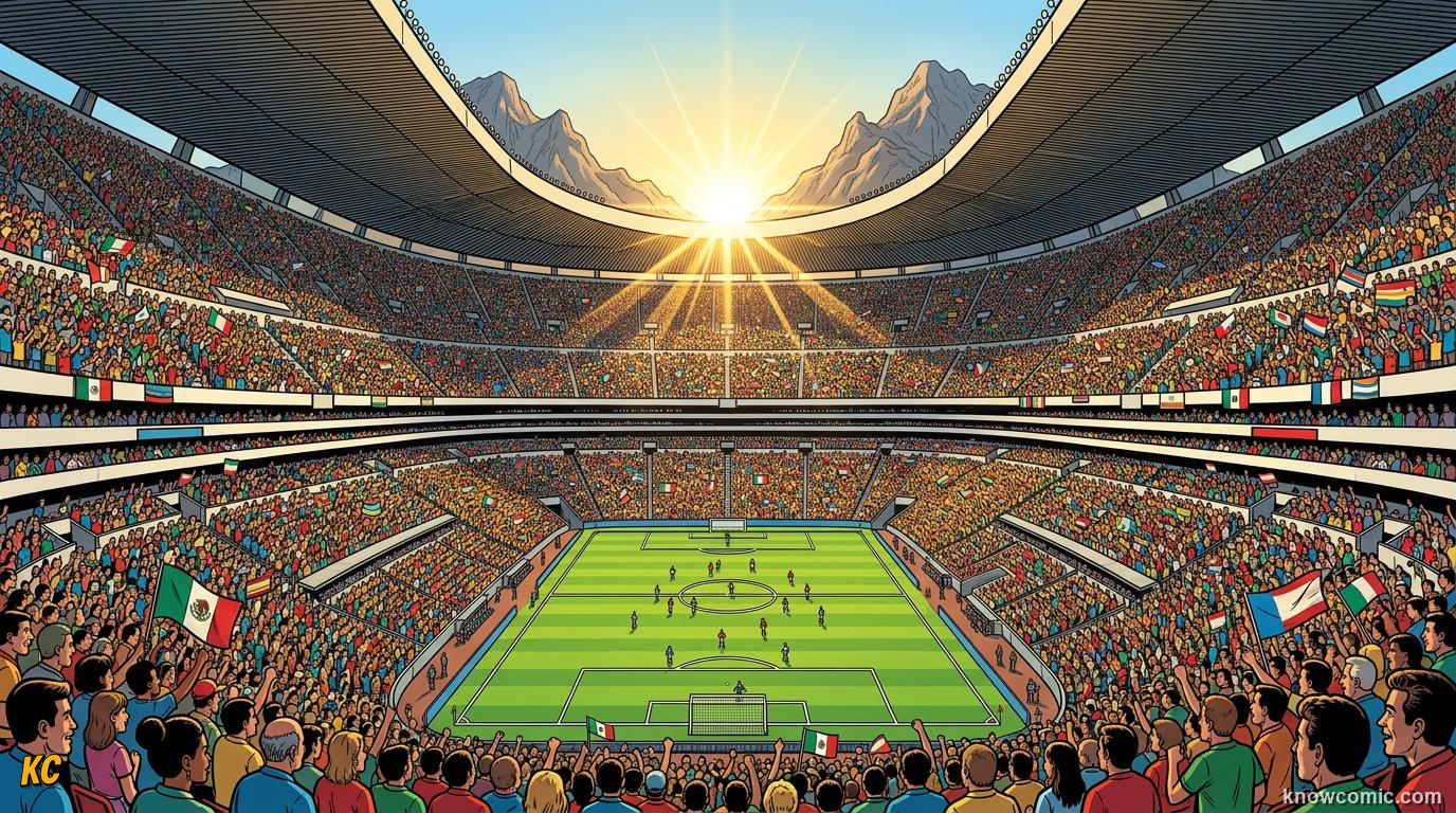 Comic panel titled mexico lights up the world, labelled mexico hosts the world, from the KnowComic World Cup 2026 lesson on the hosts' football story