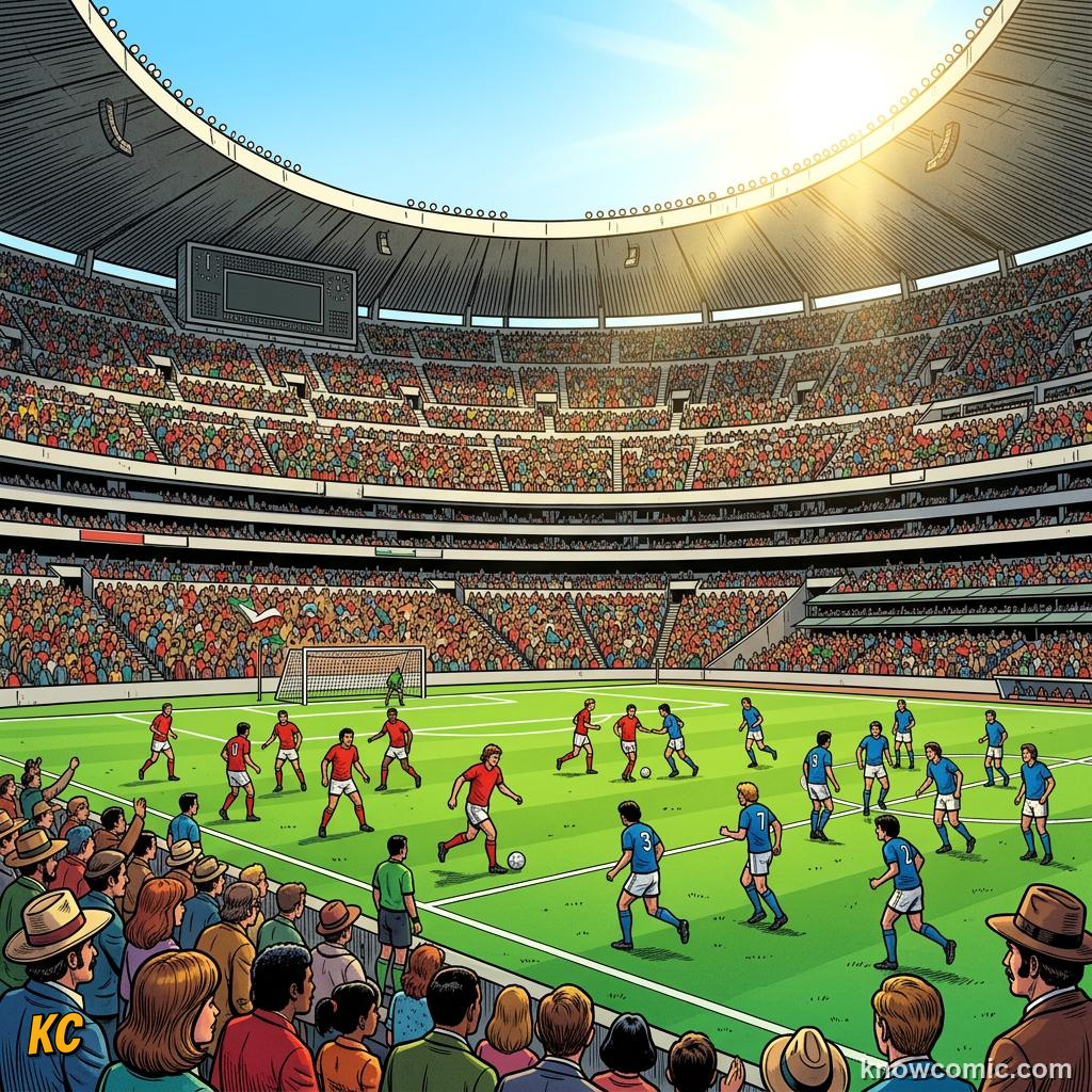 Comic panel titled maradona's world cup and mexico's finest hour, labelled the azteca, from the KnowComic World Cup 2026 lesson on the hosts' football story