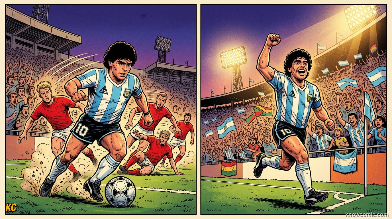 Comic panel titled maradona's world cup and mexico's finest hour, labelled mexico steps up again, from the KnowComic World Cup 2026 lesson on the hosts' football story