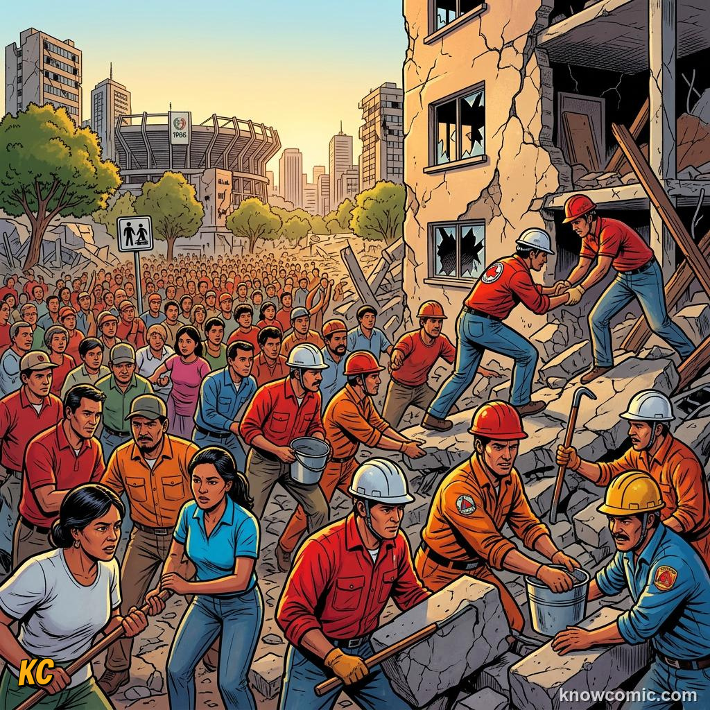 Comic panel titled america throws the biggest party in football history, labelled the earthquake, from the KnowComic World Cup 2026 lesson on the hosts' football story