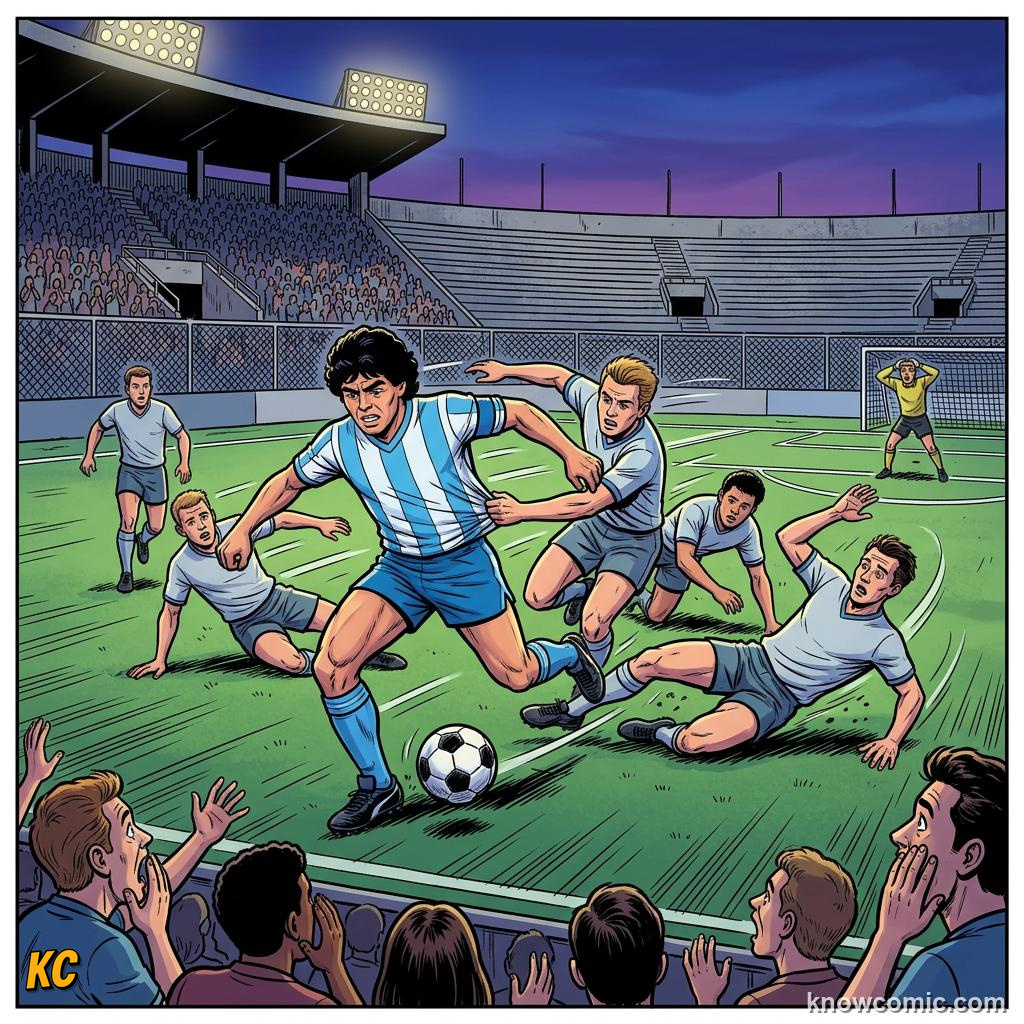 Comic panel titled america throws the biggest party in football history, labelled hand of god, from the KnowComic World Cup 2026 lesson on the hosts' football story