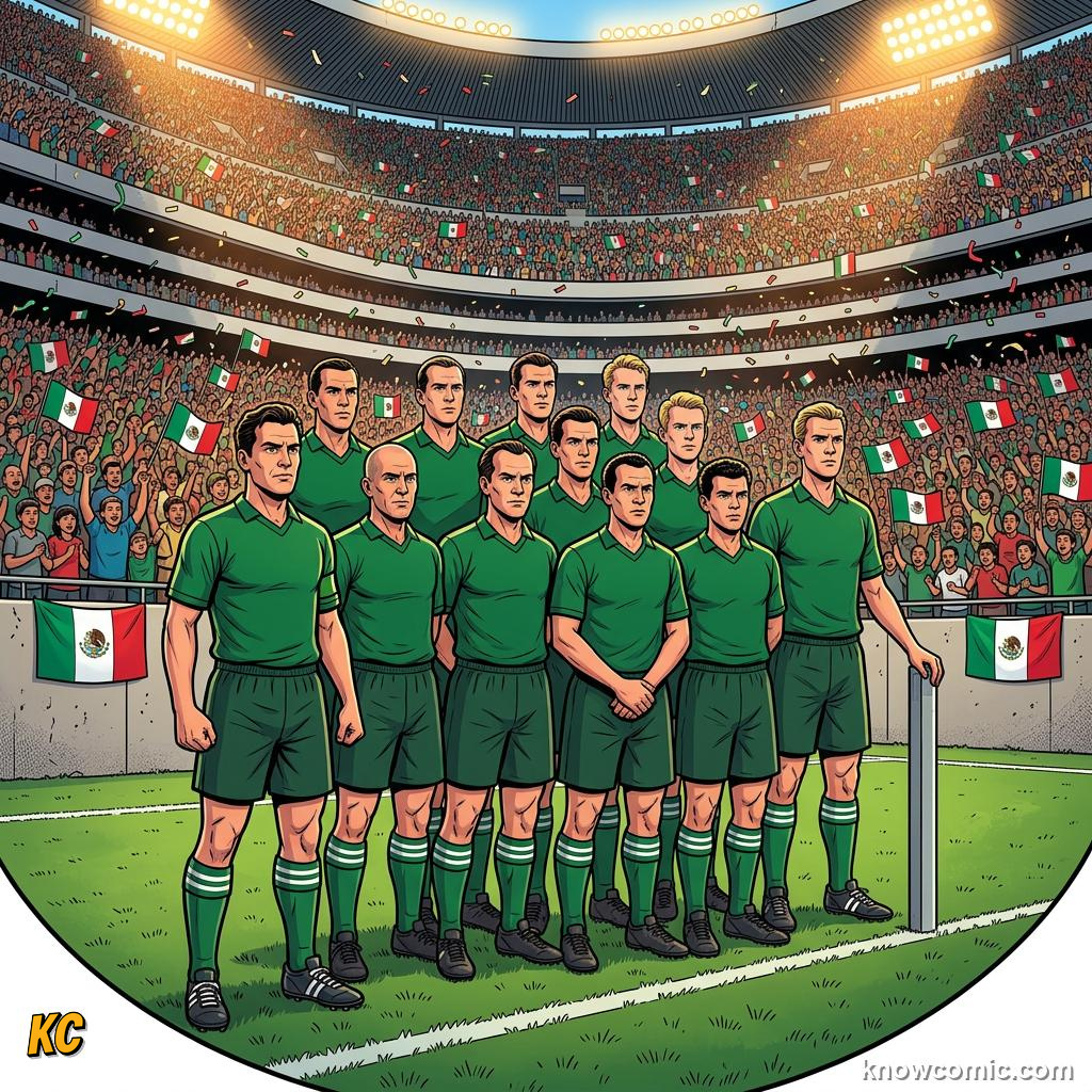 Comic panel titled america throws the biggest party in football history, labelled mexico's record, from the KnowComic World Cup 2026 lesson on the hosts' football story