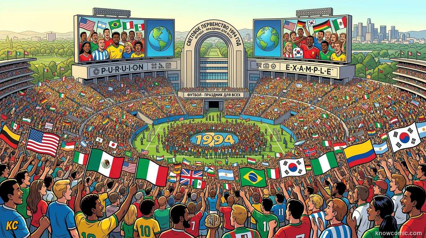 Comic panel titled america throws the biggest party in football history, labelled usa 1994, from the KnowComic World Cup 2026 lesson on the hosts' football story