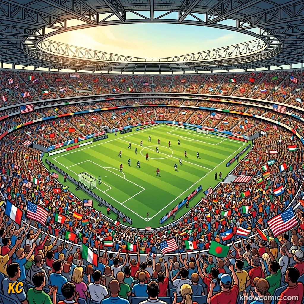 Comic panel titled america throws the biggest party in football history, labelled unlikely host, from the KnowComic World Cup 2026 lesson on the hosts' football story