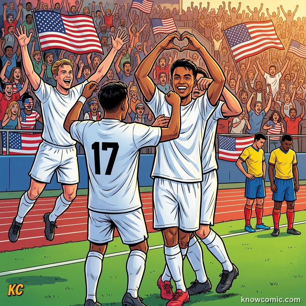 Comic panel titled america throws the biggest party in football history, labelled usa's journey, from the KnowComic World Cup 2026 lesson on the hosts' football story