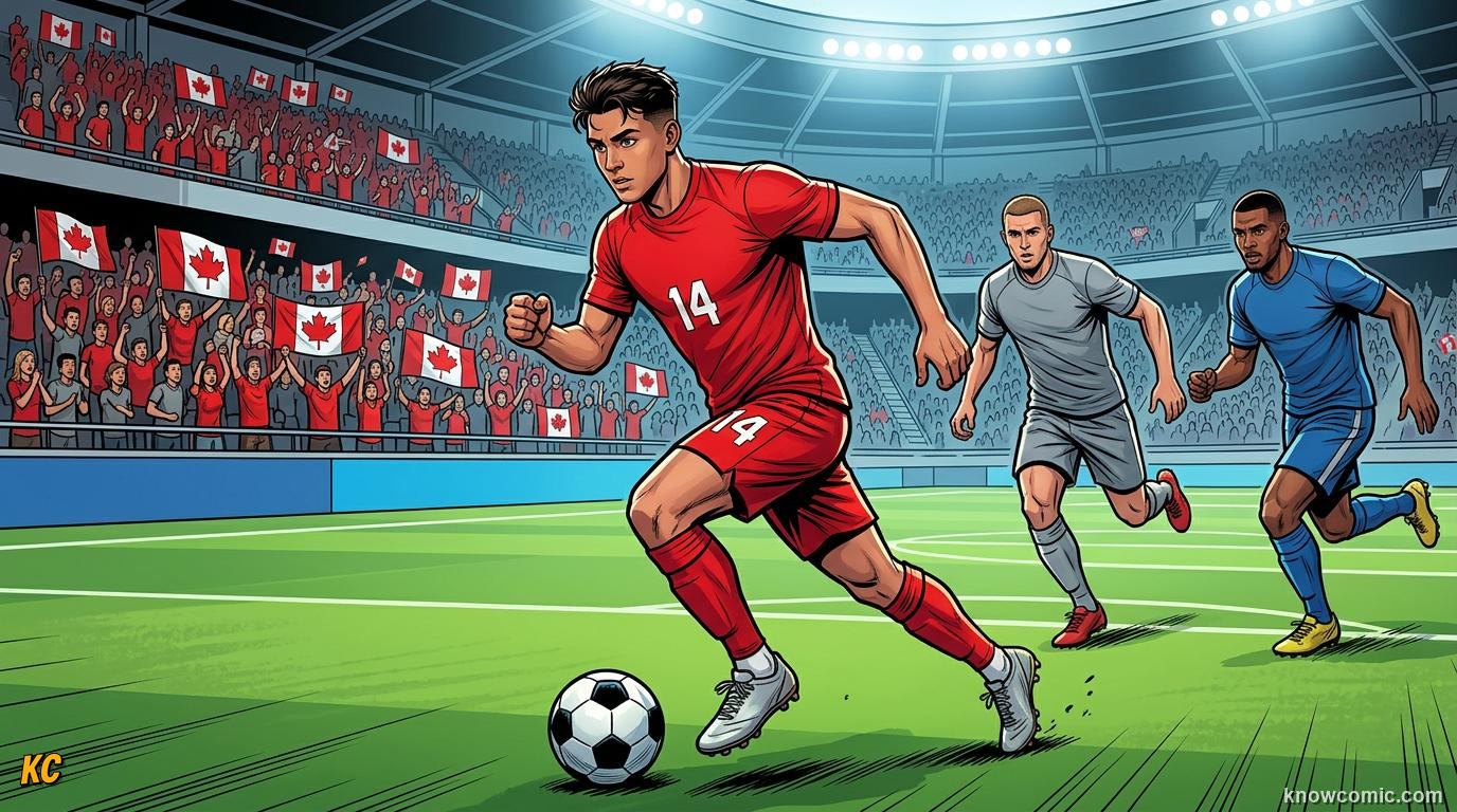 Comic panel titled canada's footballing awakening, labelled the maple leaf joins in, from the KnowComic World Cup 2026 lesson on the hosts' football story
